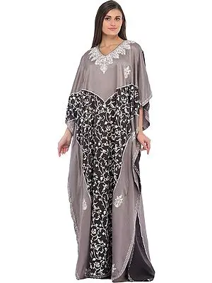 Opal-Gray and Shale Aari-Embroidered Kaftan from Kashmir