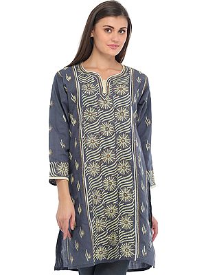 Blue-Indigo Kurti from Lucknow with Chikan Hand-Embroidery