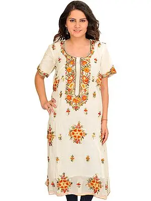 Ivory Long Phulkari Kurti with Floral-Embroidery