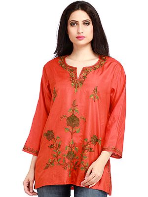 Red-Clay Kurti from Kashmir with Aari Hand-Embroidery