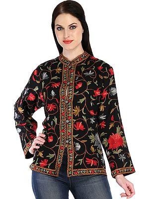 Jet-Black Jacket from Kashmir with Aari Hand-Embroidered Flowers