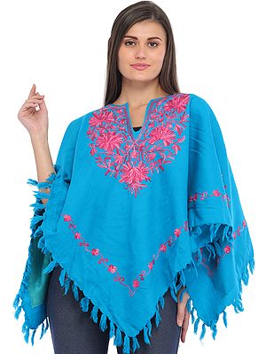 Vivid-Blue Poncho from Kashmir with Aari-Embroidered Flowers on Neck