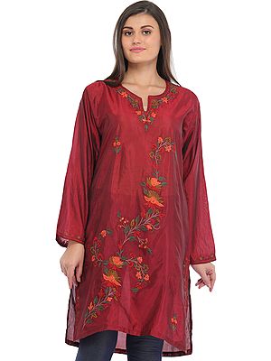 Brick-Red Kurti from Kashmir with Aari-Embroidery by Hand