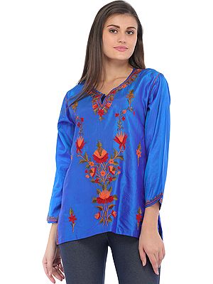 Imperial-Blue Aari Short Kurti from Kashmir with Floral Hand-Embroidery