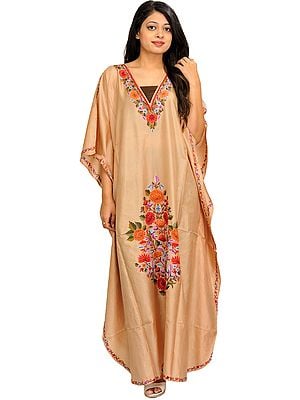 Desert-Dust Kaftan from Kashmir with Aari-Embroidered Flowers by Hand