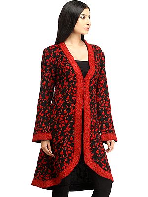 Black and Red Long Jacket from Kashmir with Aari Hand-Embroidered Paisleys