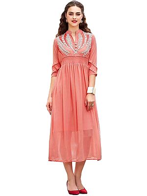 Peach-Amber Designer Long Dress with Embroidery