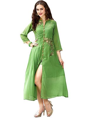 Jade-Green Designer Long Dress with Floral Embroidery