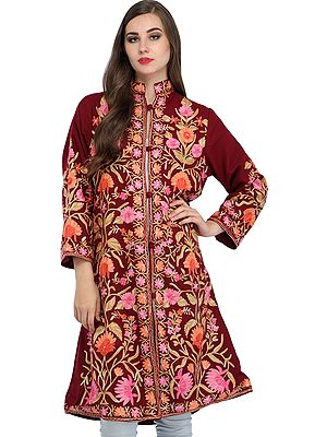 Maroon Floral Aari-Embroidered Kashmiri Long Jacket