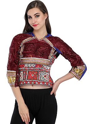 Chocolate Brown Backless Choli from Kutch with Antiquated Rabari Embroidery and Bandhani Print
