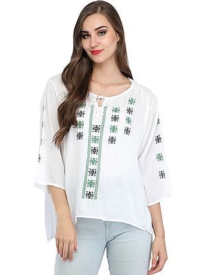 Bright-white Short Kurti with Embroidery and Dori on the Neck