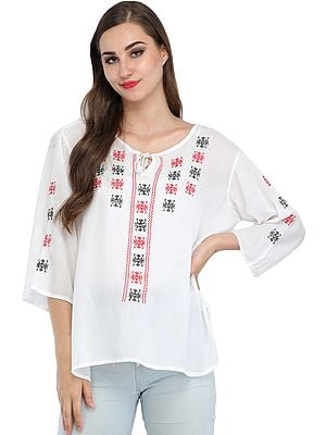 Bright-white Short Kurti with Embroidery and Dori on the Neck
