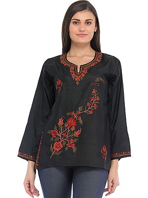 Caviar-Black Aari Short Kurti from Kashmir with Embroidery by Hand