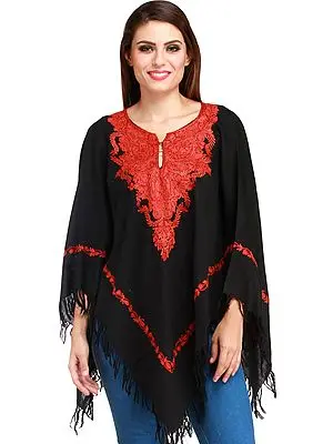 Jet-Black Poncho from Kashmir with Aari Hand-Embroidery on Neck