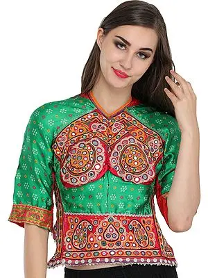 Green and Red Backless Choli from Kutch with Antiquated Rabari Embroidery and Bandhani Print
