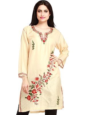 Almond-Oil Kurti from Kashmir with Aari-Embroidery by Hand