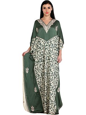 Green and Cream Kaftan from Kashmir with Aari-Embroidered Paisleys