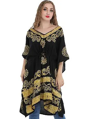 Black Short Batik Kaftan from Kashmir with Thread-Embroidery