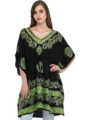 Black Short Batik Kaftan from Kashmir with Thread-Embroidery