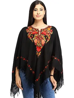 Caviar-Black Poncho from Kashmir with Aari-Embroidery by Hand