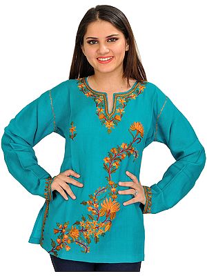 Peacock-Blue Aari Hand-Embroidered Kurti from Kashmir