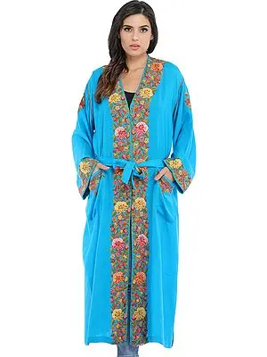 Cyan-Blue Kashmiri Robe with Aari Hand-Embroidered Flowers