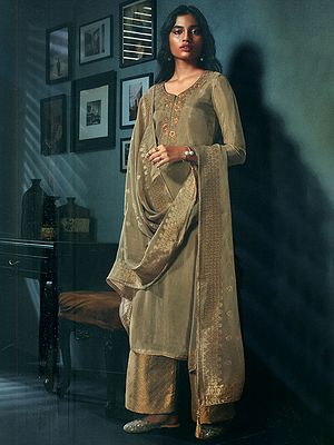 Art-Silk Palazzo Salwar Kameez Suit With Zari Floral Embroidery And Mask-Dupatta