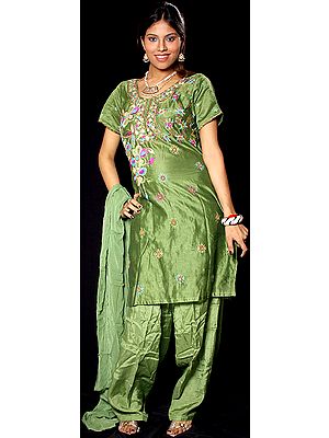 Green Chanderi Suit with Floral Embroidery and Sequins