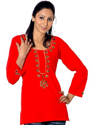Plain Red Kurti with Large Sequins