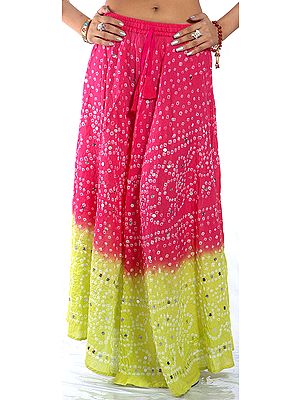 Magenta and Lime Bandhani Skirt with Large Sequins