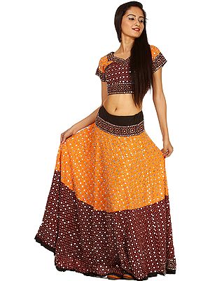 Amber and  Brown Two Piece Ghagra Choli From Kutch with Bead work and Sequins
