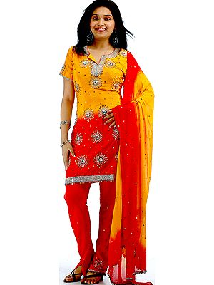 Amber and Red Choodidaar Suit with Starry Beadwork