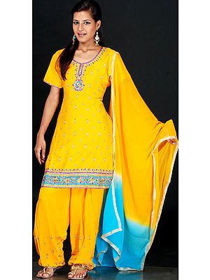 Amber and Turquoise Salwar Suit with Crystals and Sequins