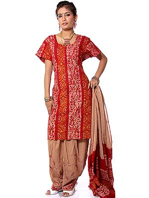 Red and Khaki Salwar Kameez Suit with Sequins and Kantha Embroidery