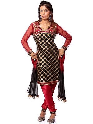 Black and Magenta Brocaded Choodidaar Suit with Antique Embroidery