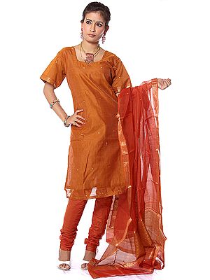 Brown Chanderi Choodidaar Suit with Golden Woven Bootis