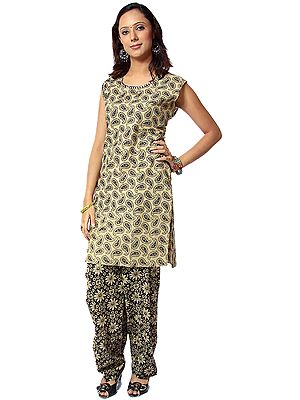 Beige and Black Two-Piece Salwar Kameez Suit from Gujarat with Block-Printed Paisleys