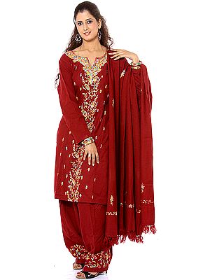Maroon Kashmiri Salwar Kameez with Aari Embroidered Flowers