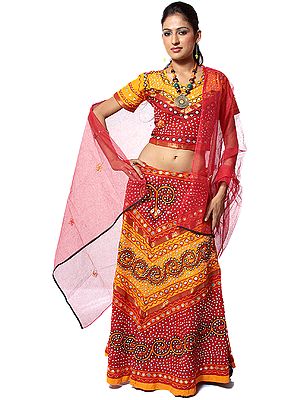 Amber and Red Chaniya Choli from Gujarat with Large Sequins