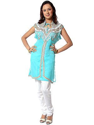 Sky-Blue Choodidaar Two-Piece Suit with Hand-Embroidered Beads