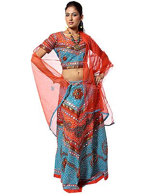 Turquoise and Orange Chaniya Choli from Gujarat with Large Sequins