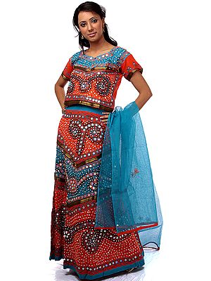 Orange and Turquoise Chaniya Choli from Gujarat with Large Sequins