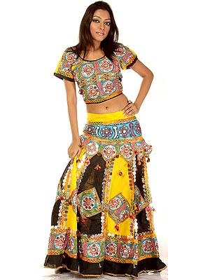 Yellow Ghagra Choli from Kutch with Large Sequins