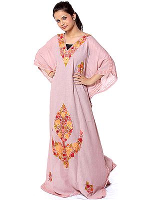 Apricot Kaftan from Kashmir with Aari Embroidered Flowers