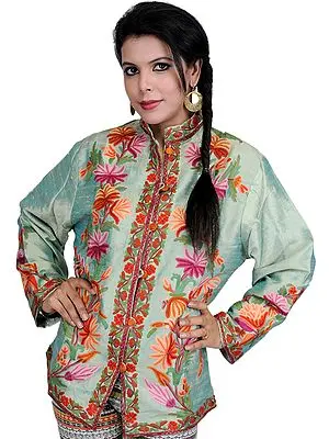Aqua-Green Kashmiri Jacket with Aari Embroidery by Hand
