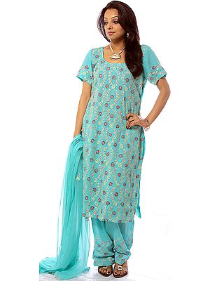 Aquamarine Lukhnavi Chikan Salwar Kameez with Jaal Embroidery
