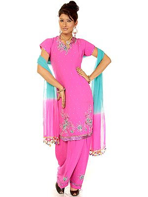 Fuchsia Salwar Kameez Suit with Embroidered Beads and Sequins