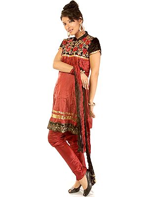 Burgundy Choodidaar Suit with Floral Embroidery