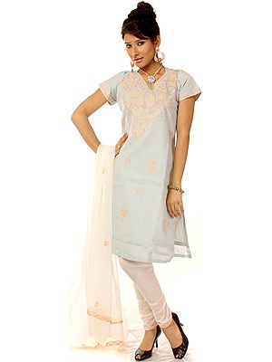 Pale Blue Choodidaar Suit with Lukhnavi Chikan Embroidery