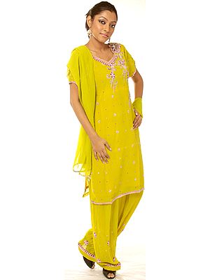 Old Gold Salwar Kameez Suit with Floral Embroidery and Beadwork